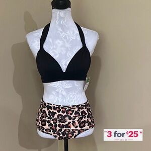 Black Halter Bikini Top with Leopard Print Bottom